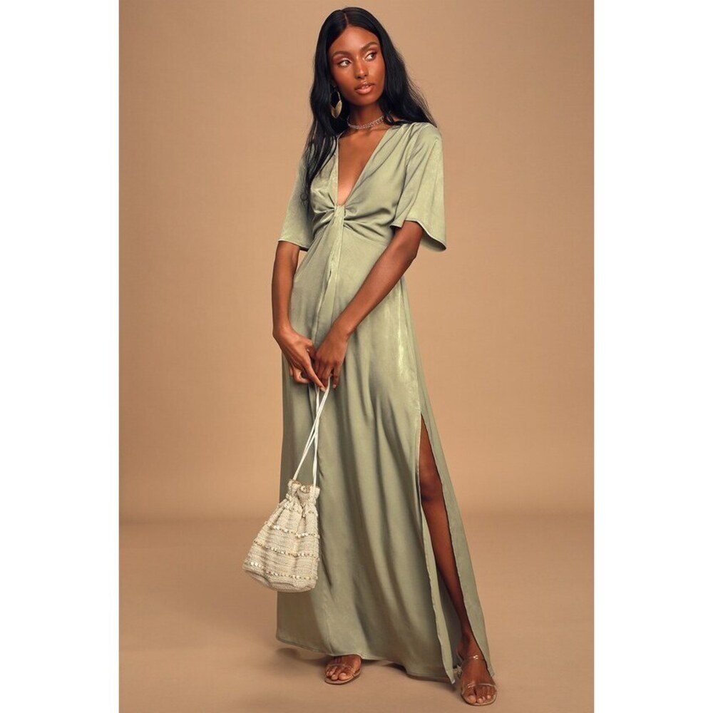 Lulus Green Satin Twist-front Maxi Dress - Size XL